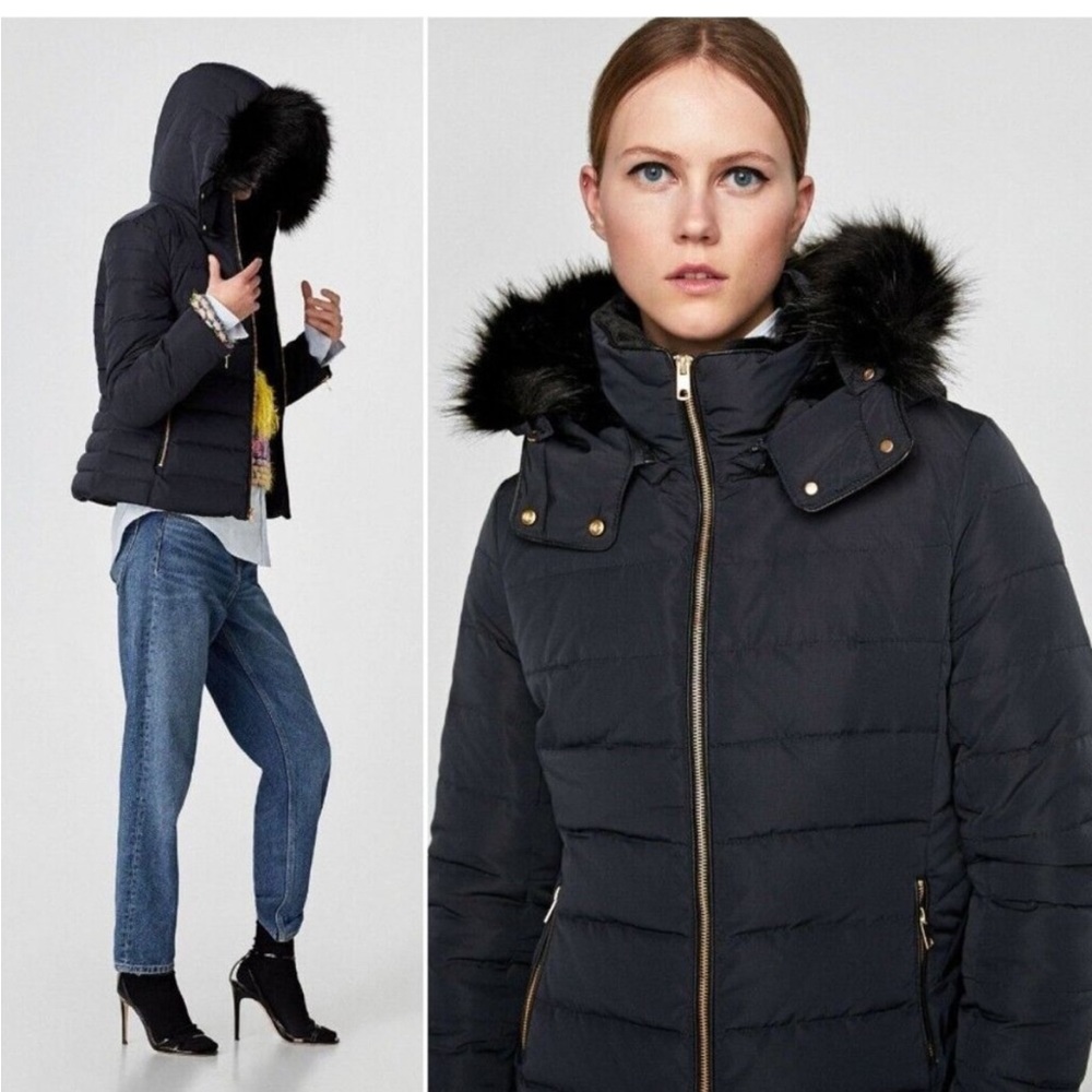 NWOT Zara down navy jacket hooded fur small like new .